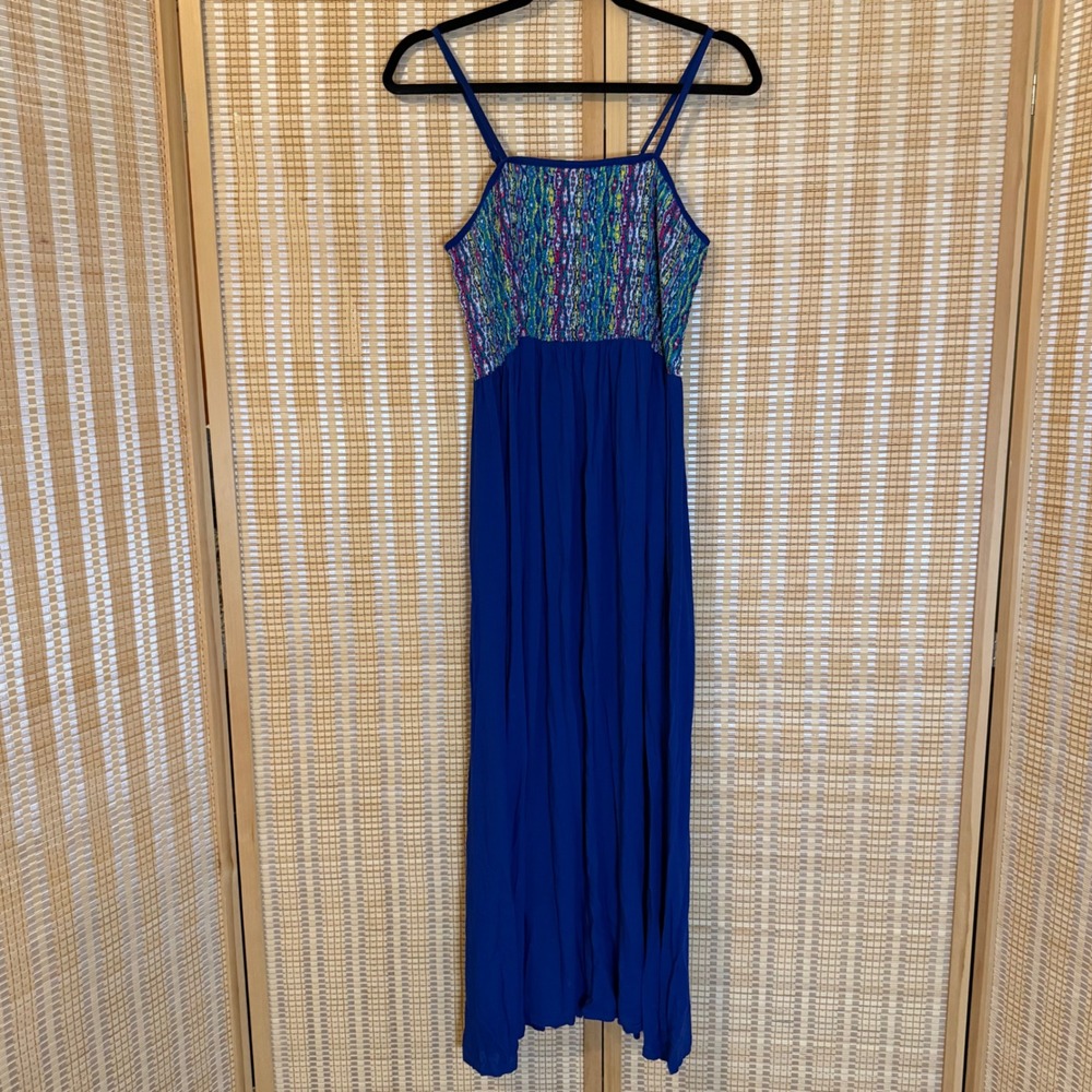 Shree Women Blue Smocked Bodice Maxi Dress XL Boho Abstract Spaghetti Strap